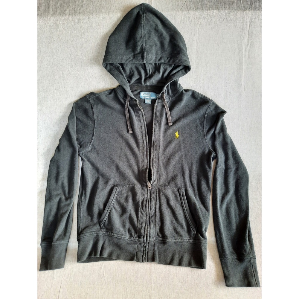 Polo Ralph Lauren Men Small Logo Embroidery Drawstring Hoodie Zipup Black Jacket